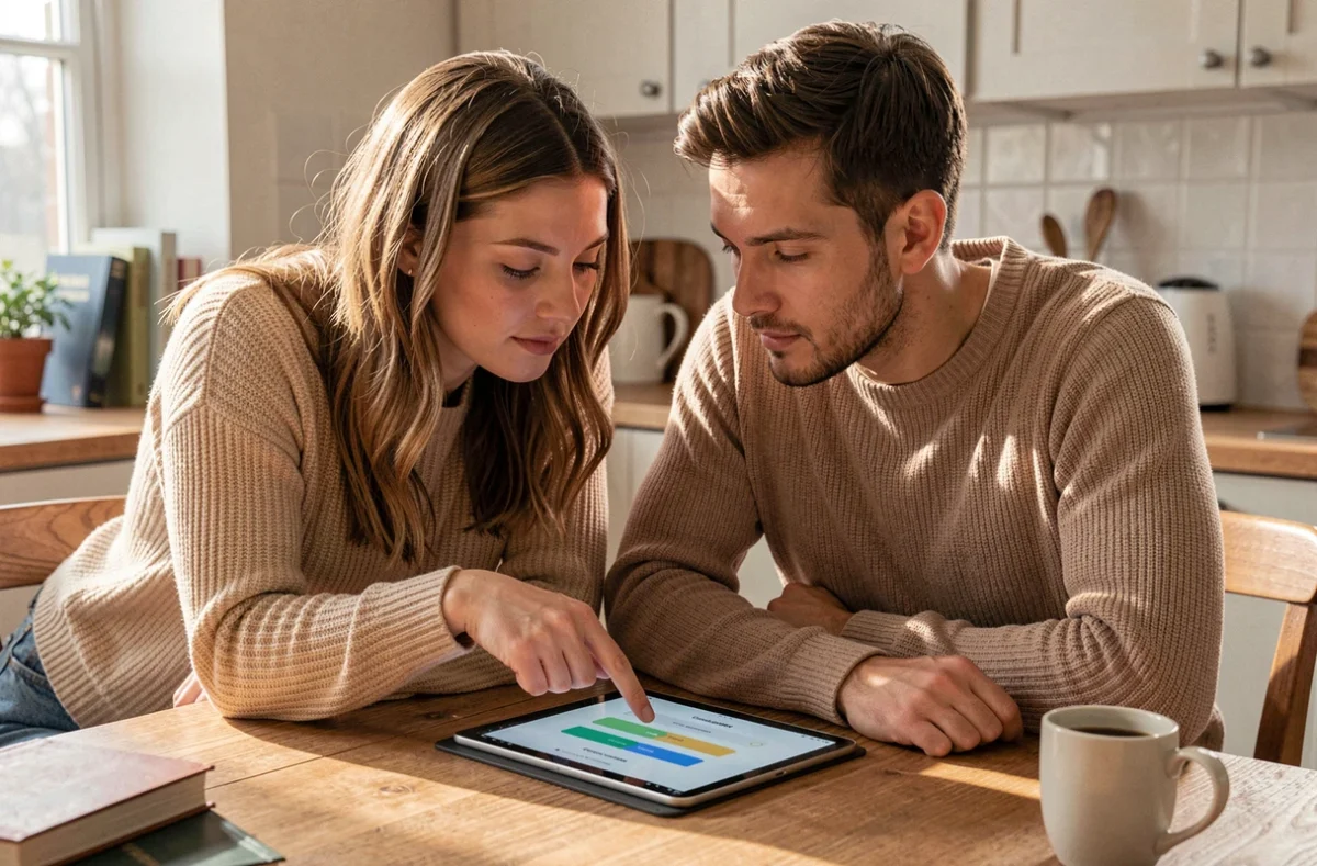 Couple discutant de leur compatibilité amoureuse autour d'une tablette numérique à la maison