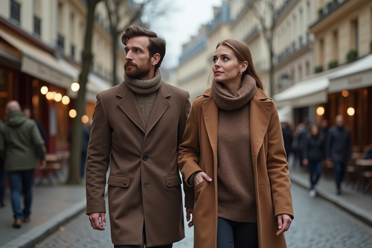 Couple élégant marchant dans une rue pavée parisienne en automne, illustration de la vie privée et familiale discrète d'une personnalité publique