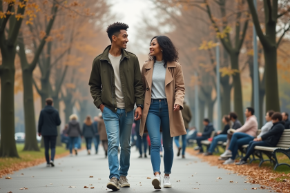 Jeune couple divers dans un parc printanier en ville