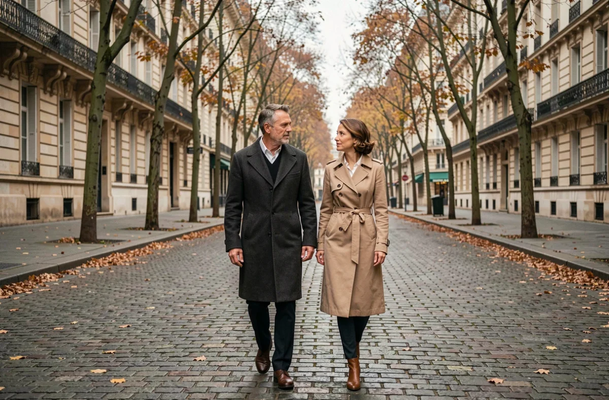 Couple élégant marchant côte à côte sur un boulevard parisien pavé en automne, vêtus de manteaux sobres, engagés dans une conversation sérieuse