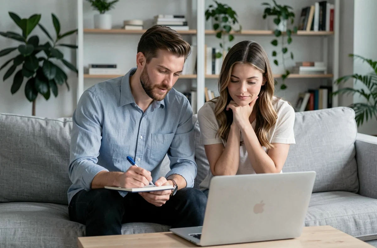 Couple prenant des notes lors d'un exercice de compatibilité en ligne dans leur salon