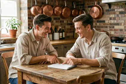 Couple de fiancés riant ensemble autour d'un questionnaire sur une table en bois dans une cuisine rustique