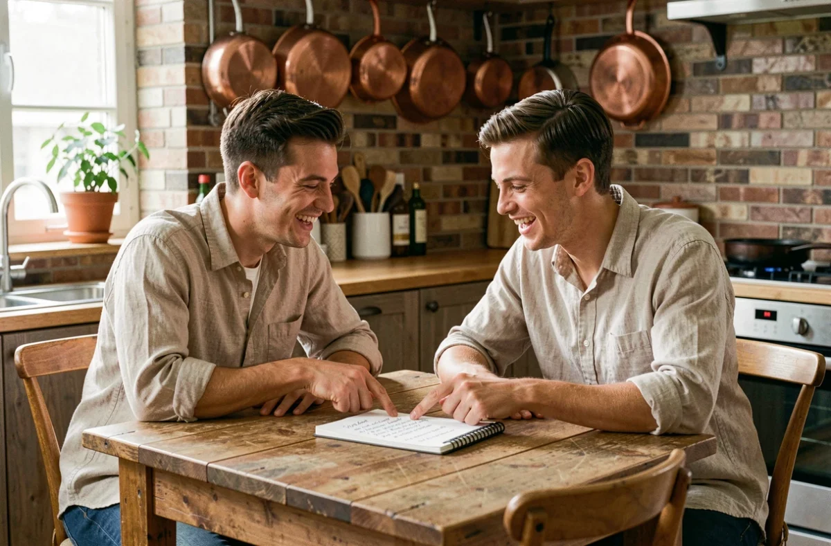 Couple de fiancés riant ensemble autour d'un questionnaire sur une table en bois dans une cuisine rustique