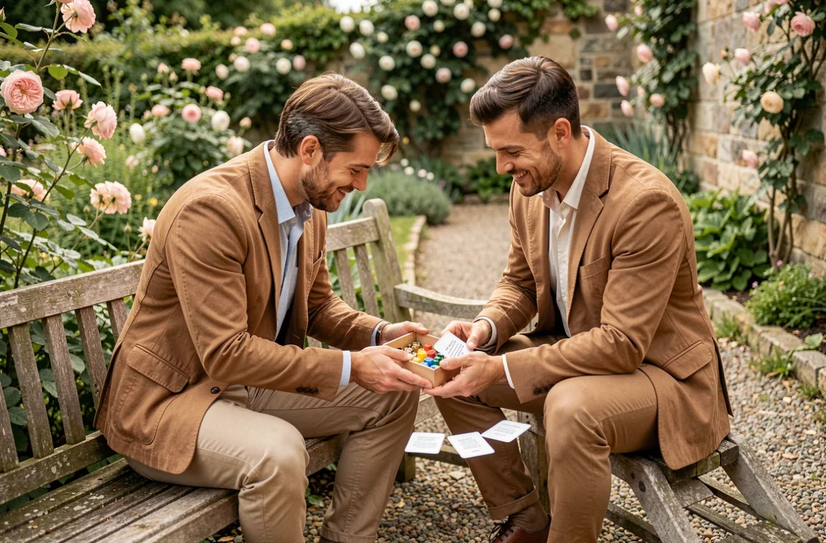 Couple de futurs mariés jouant aux Zamours en extérieur dans un jardin fleuri avec des cartes questions éparpillées