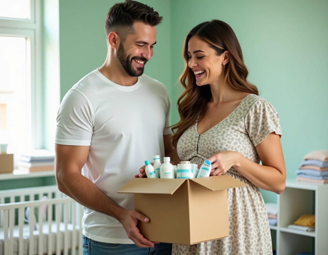 Couple de futurs parents découvrant un kit d'échantillons gratuits pour bébé dans la chambre de bébé