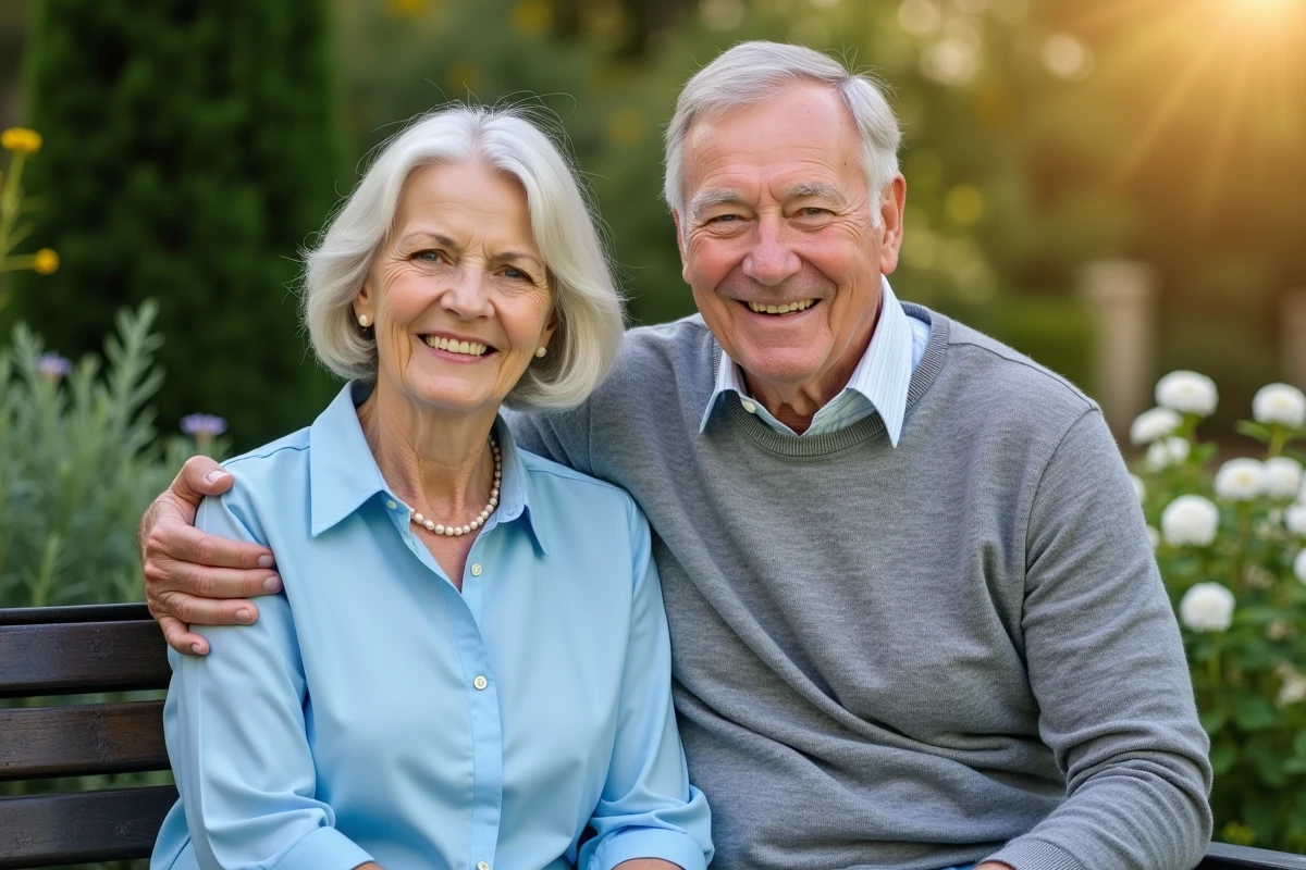 Couple d age moyen assis dans un jardin ensoleille