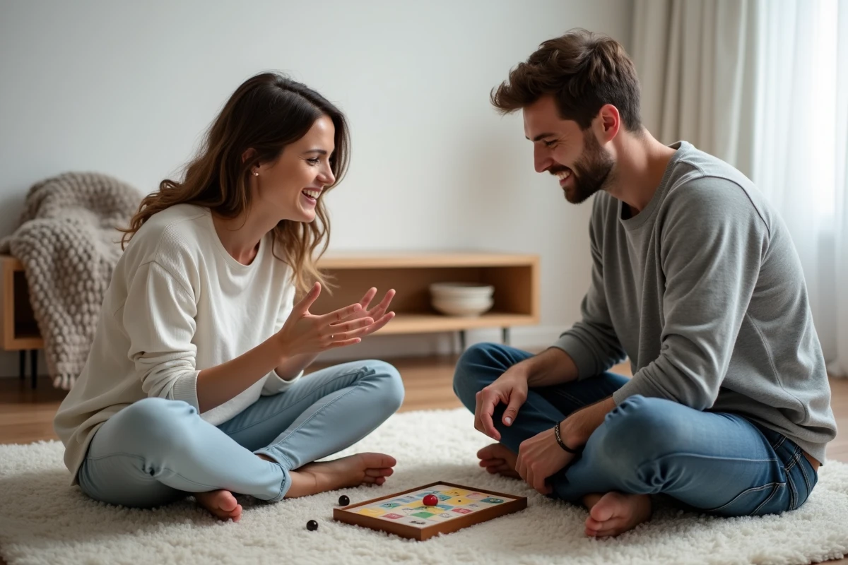 Couple jouant à un jeu de cartes tactile assis sur un tapis dans un appartement au style scandinave épuré