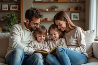 Couple français avec enfants dans un salon chaleureux