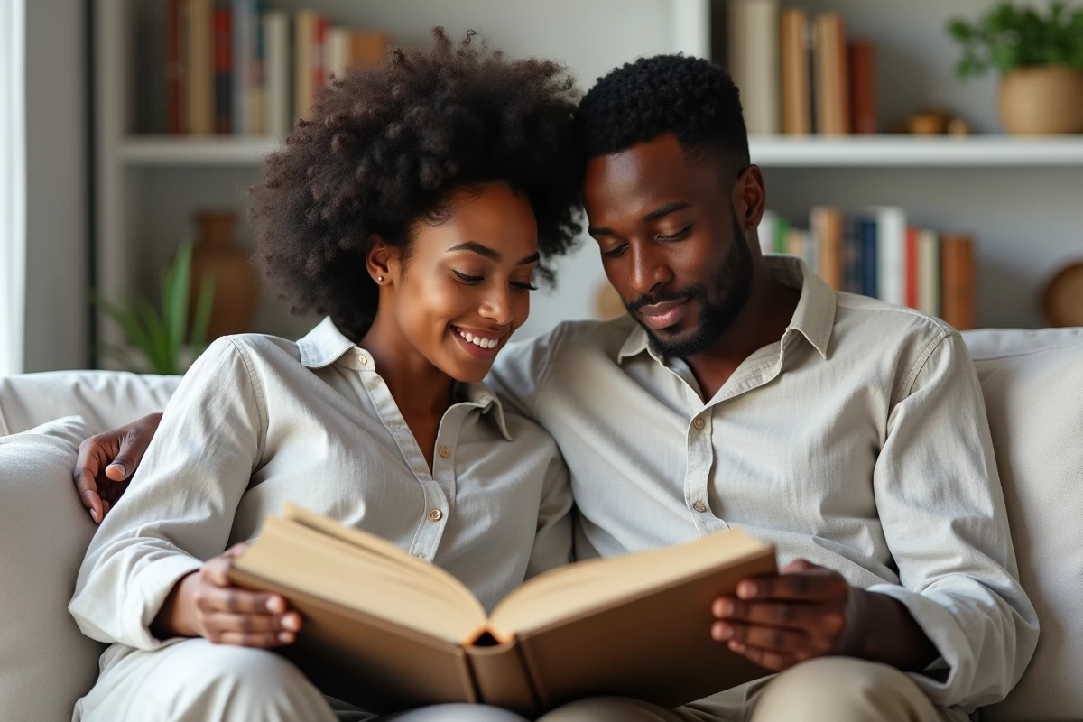 Couple métissé consultant un livre sur la culture martiniquaise pour choisir un prénom créole authentique pour leur enfant à naître