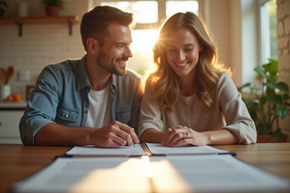 Couple souriant vérifiant des documents officiels ensemble