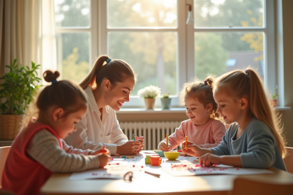 Crèche moderne en Scandinavie avec enfants heureux et animateurs