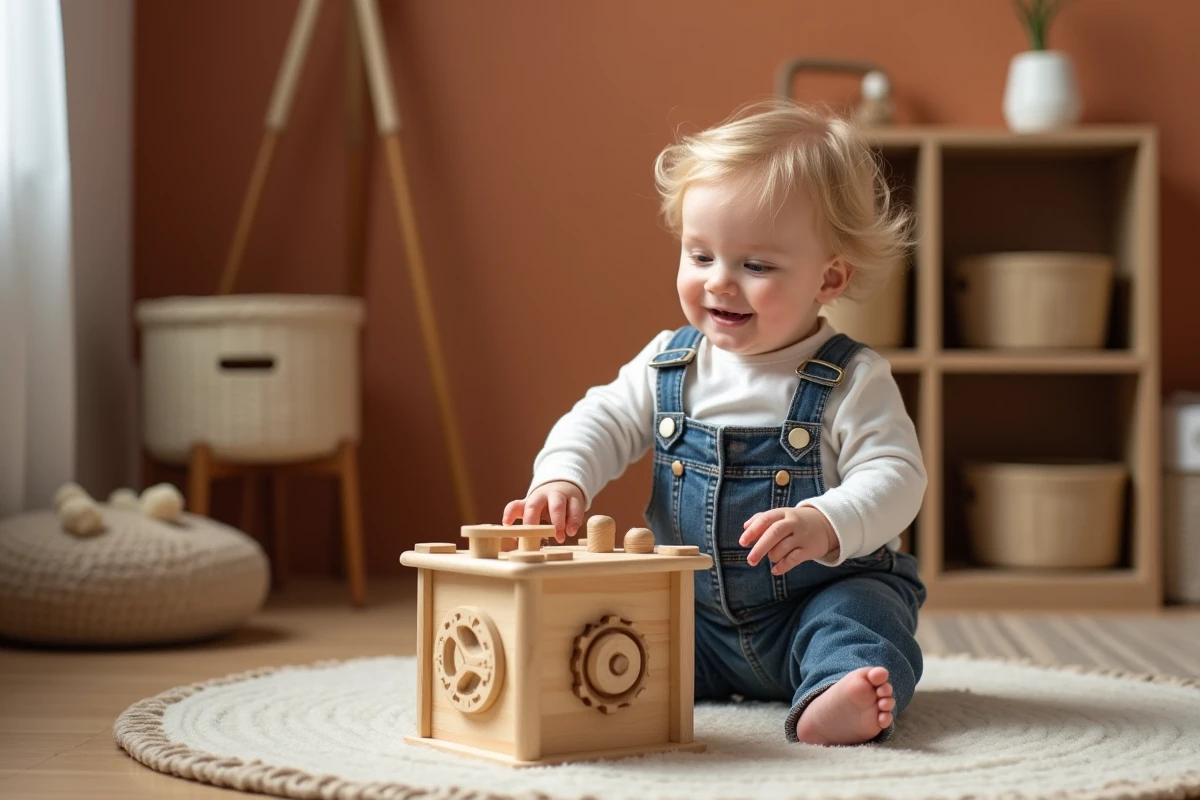 Bébé garçon de 1 an debout devant un cube d'activités en bois, explorant des boutons et engrenages pour développer sa motricité fine