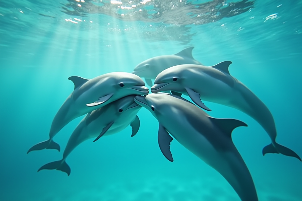 Dauphins nageant ensemble dans une eau turquoise lumineuse