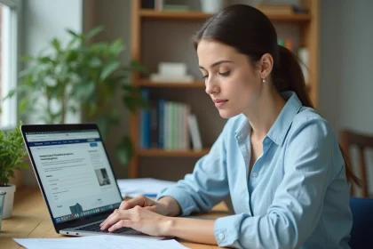 Femme effectuant une demande d'acte de naissance en ligne sur son ordinateur portable depuis son bureau à domicile
