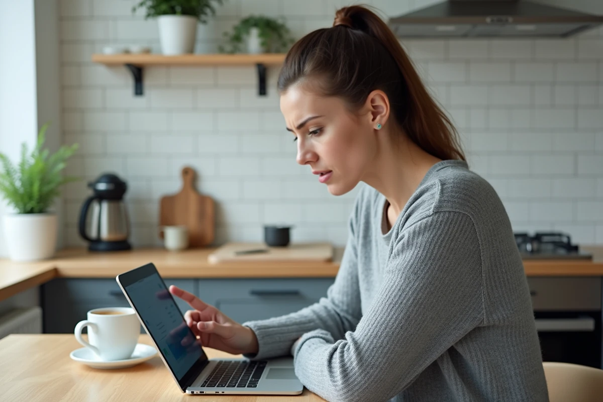 Femme consultant les paramètres d'une application de suivi parental sur une tablette dans une cuisine moderne
