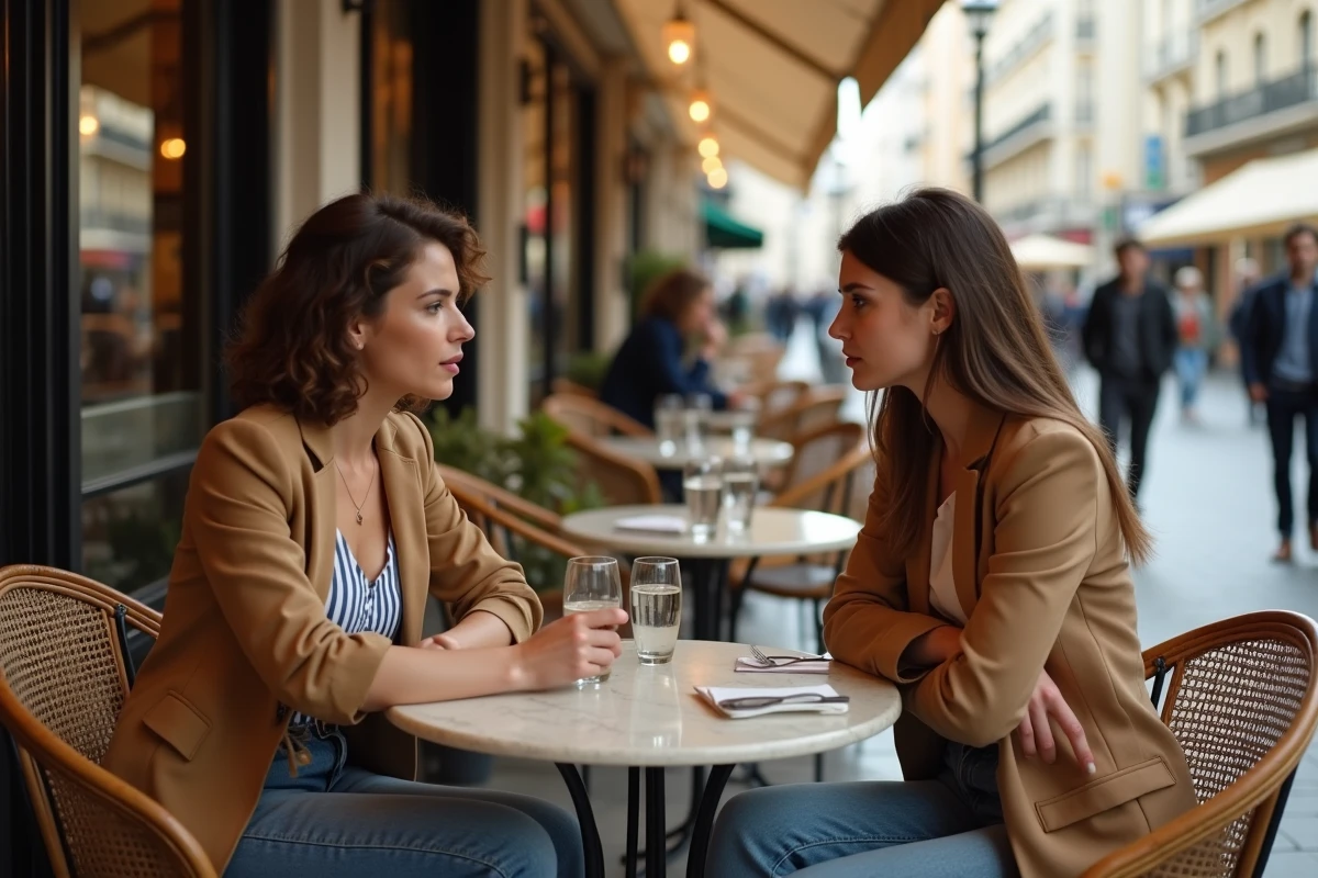 Deux femmes en conversation sincère à la terrasse d'un café parisien, illustrant un échange intime sur le couple et la rupture amoureuse