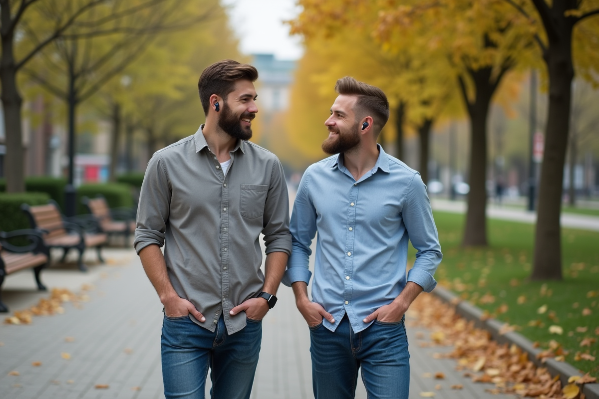 Deux hommes discutant en marchant dans un parc urbain en été