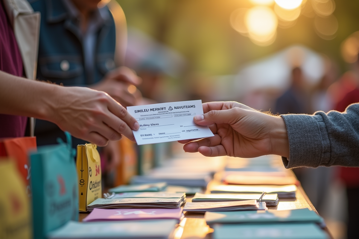 Main échangeant une enveloppe de don lors d un marché en plein air