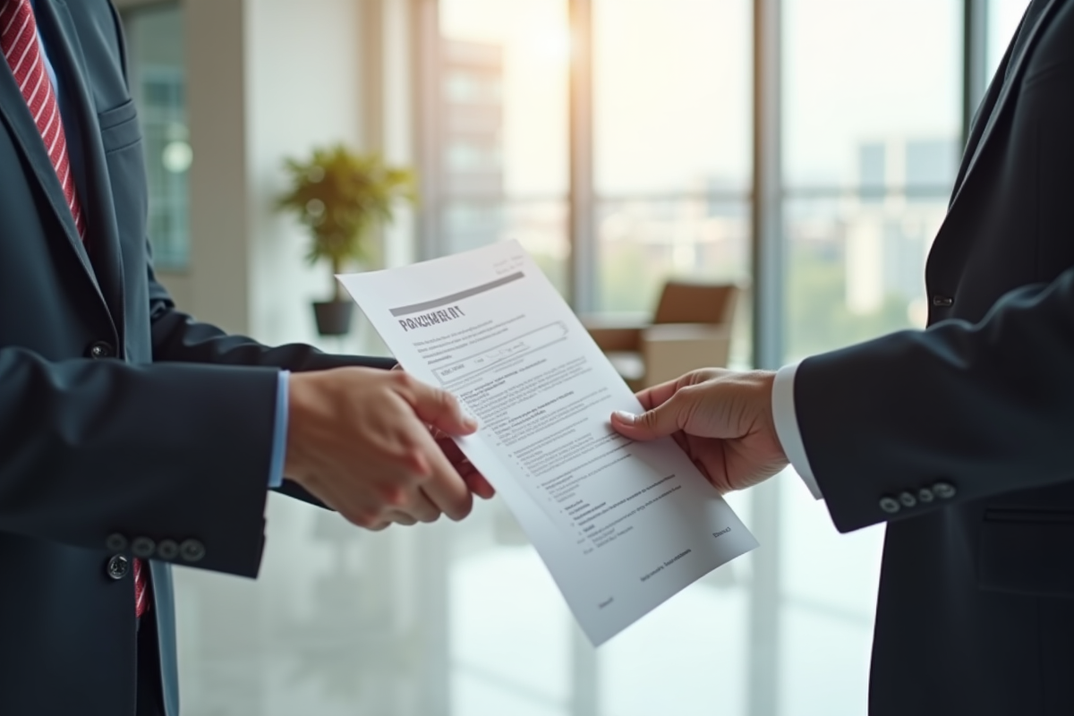 Deux mains échangeant un document officiel dans un bureau lumineux