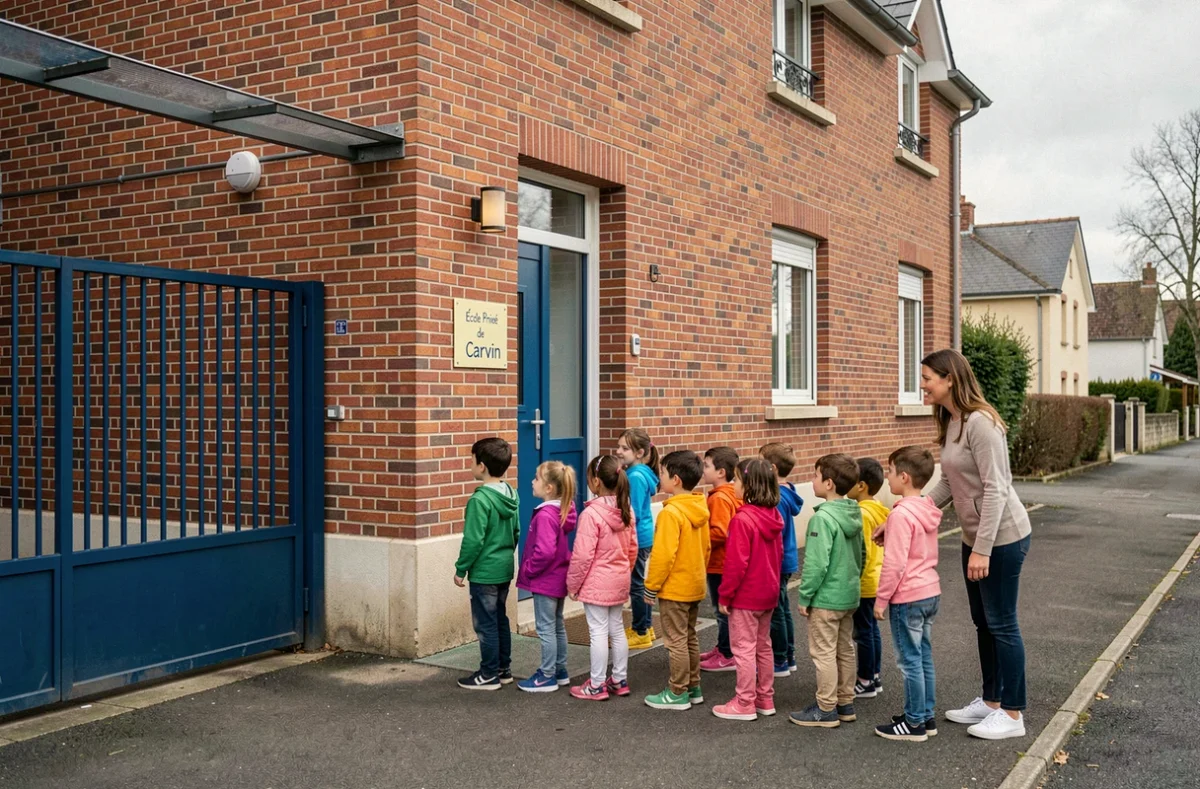 École primaire privée de Carvin dans le Pas-de-Calais, élèves faisant la queue à l'entrée accompagnés d'une enseignante