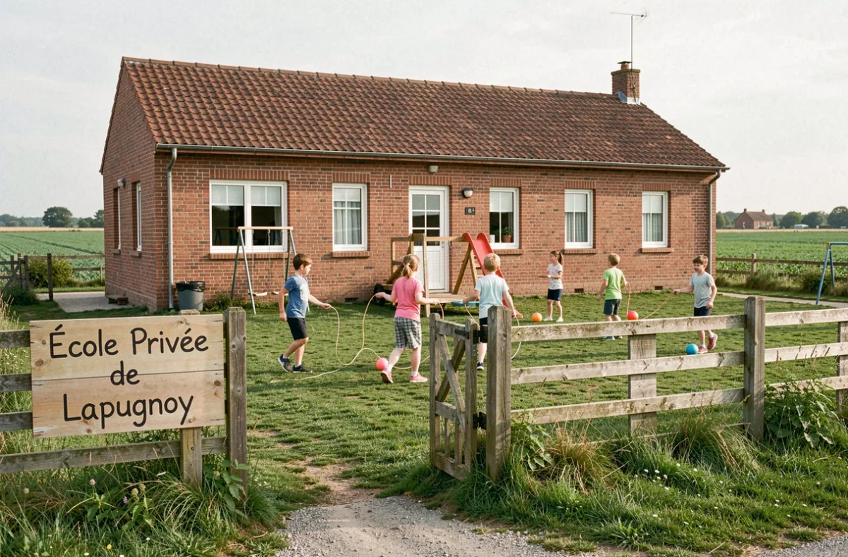 École primaire privée de Lapugnoy dans le Pas-de-Calais, petits élèves jouant dans la cour d'une école de village en brique