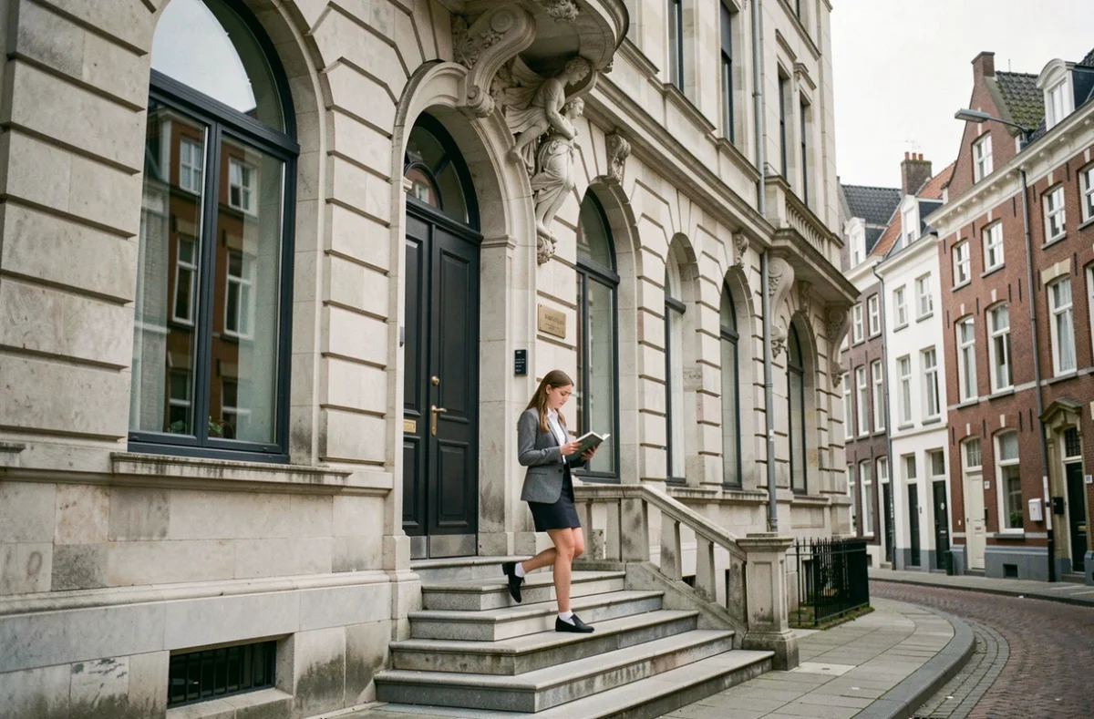 Façade en pierre de l'École privée Sainte-Marie à Lille avec une élève en blazer gris lisant sur les marches
