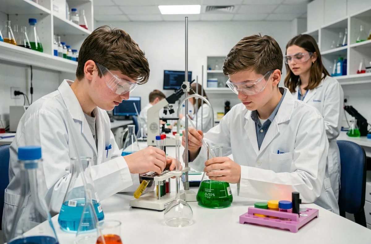Élèves en blouse blanche réalisant une expérience scientifique dans le laboratoire de l'École Saint-Adrien à Villeneuve-d'Ascq