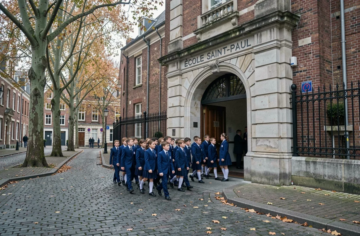 Entrée en pierre de l'École Saint-Paul à Lille avec des élèves en uniforme bleu passant sous l'arche