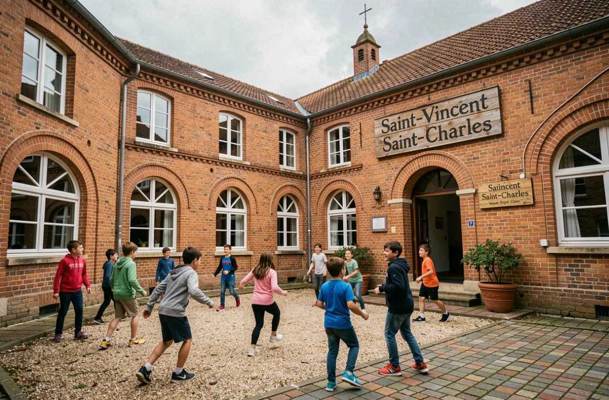 Cour de récréation de l'école Saint-Vincent Saint-Charles avec des élèves du primaire jouant dans un cadre en briques rouges typique du nord