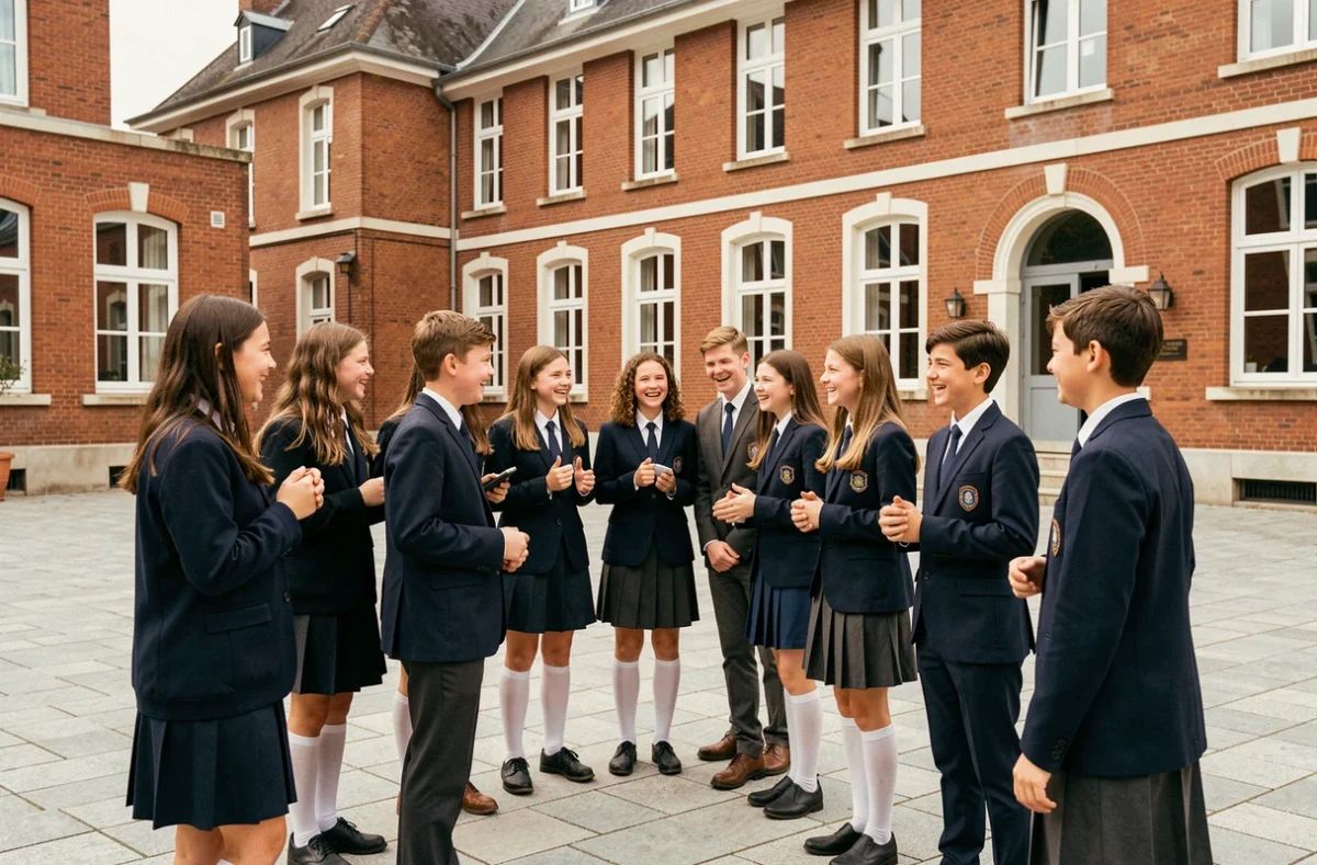 Groupe d'élèves devant la façade en brique rouge de l'École Sainte-Jeanne d'Arc à Mouvaux