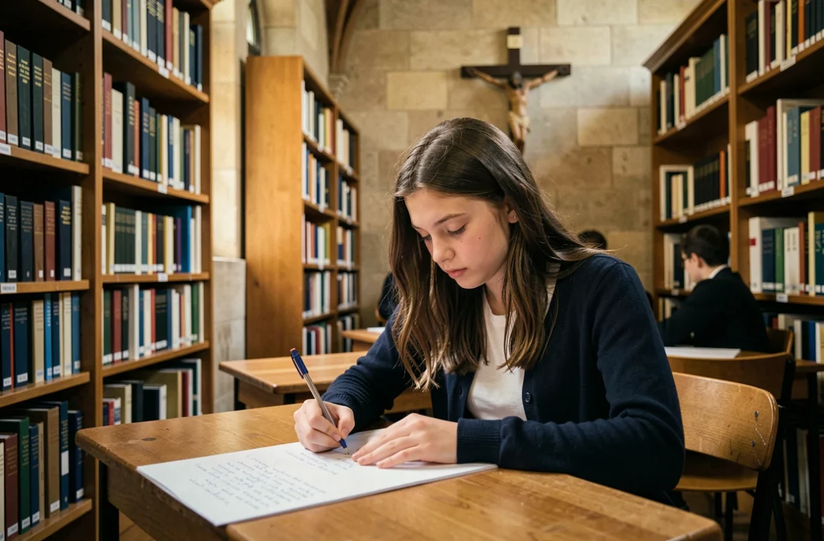 Élève studieuse dans la salle d'étude de l'École Thérèse d'Avila à Lille entourée de bibliothèques en bois