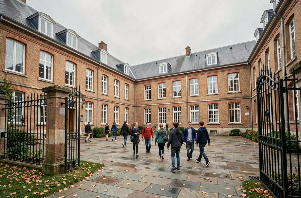 Vue générale d'un campus scolaire privé dans le Pas-de-Calais avec une architecture en brique typique du nord de la France