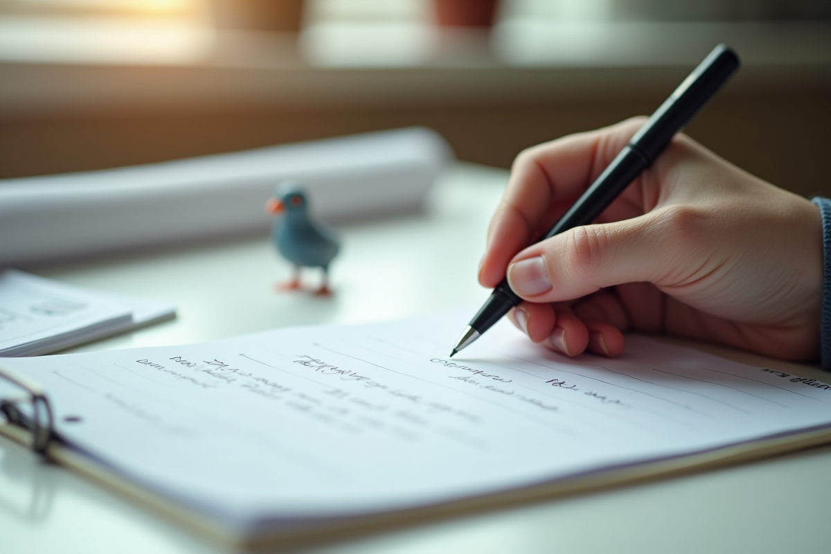 Main écrivant des questions sur un carnet avec figurine pigeon