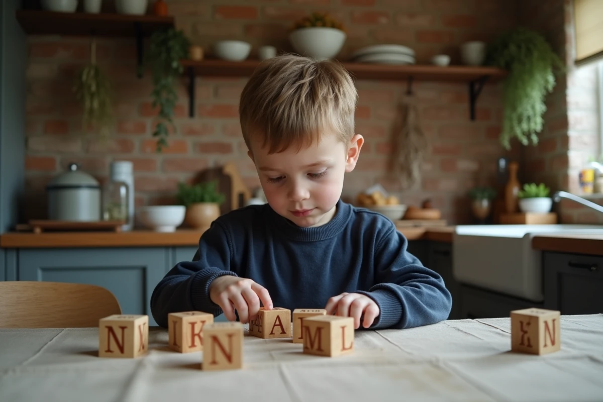 Enfant jouant avec des cubes de lettres en bois &eacute;voquant le pr&eacute;nom Noah et son univers symbolique
