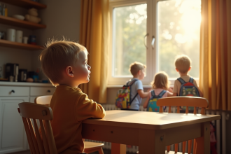 Jeune enfant seul à la table de cuisine regardant par la fenêtre