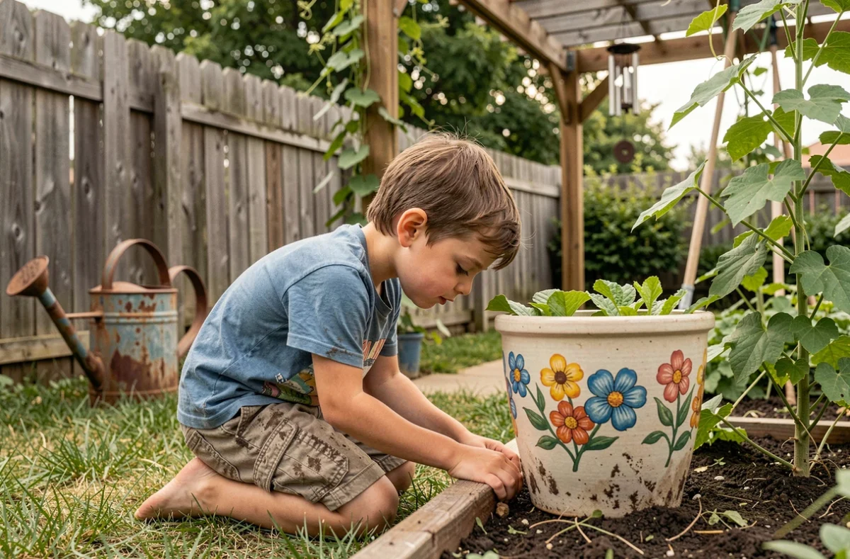 Enfant agenouillé dans un jardin qui parle à son père disparu à travers un pot de fleurs décoré