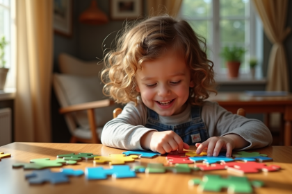 Enfant de 4 ans assemble un puzzle coloré à la maison