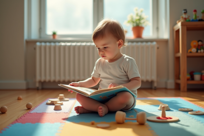 Enfant de trois ans lisant un livre sur un tapis coloré