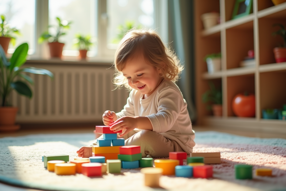 Enfant souriant jouant avec blocs Montessori