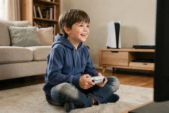 Enfant de 7 ans jouant sur PS5 dans un salon familial avec une manette DualSense blanche