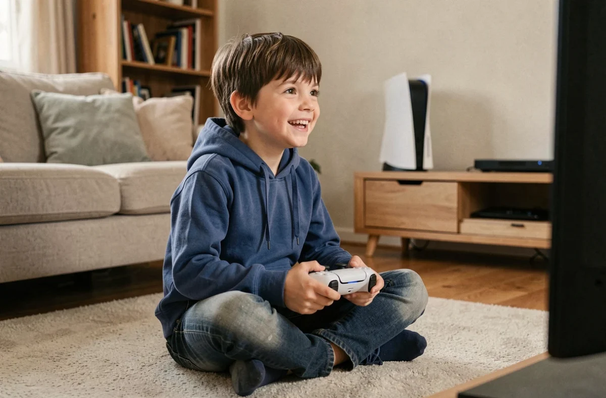 Enfant de 7 ans jouant sur PS5 dans un salon familial avec une manette DualSense blanche