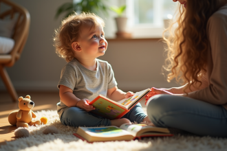Enfant de deux ans lisant un livre coloré à la maison