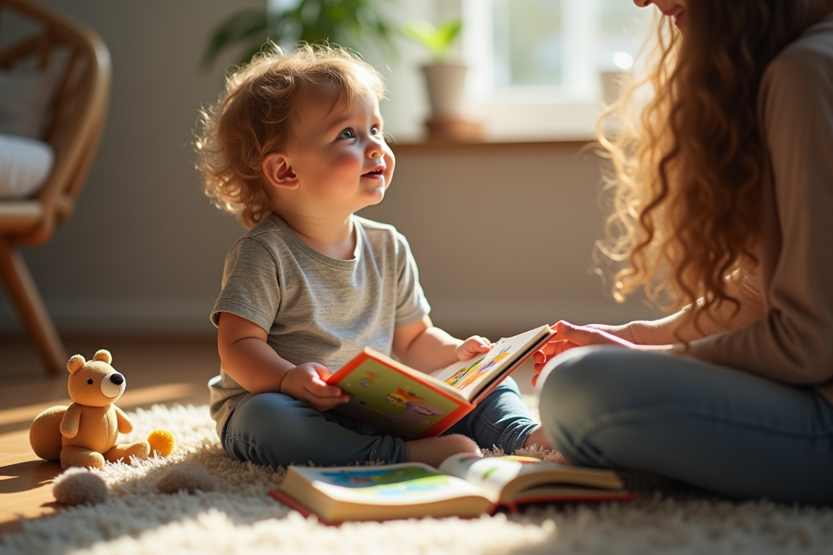 Enfant de deux ans lisant un livre coloré à la maison