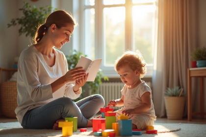 Enfant jouant avec un psychologue dans une salle lumineuse
