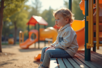 Jeune enfant assis seul sur un banc de jeux en plein air