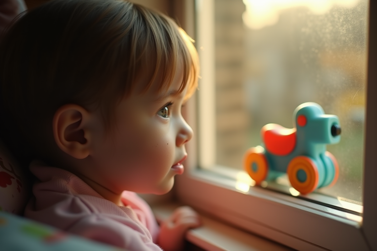Enfant regardant par la fenetre avec une expression pensive