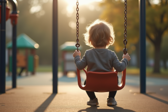 Jeune enfant seul sur une balançoire de playground regardant le sol