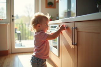 Jeune enfant près d'un placard en sécurité dans la cuisine