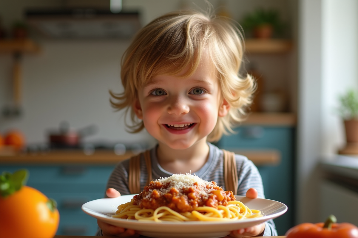 Enfant souriant avec un plat de spaghetti bolognese