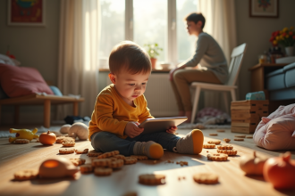 Enfant dans un salon désordonné regardant une tablette